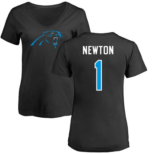 Carolina Panthers Black Women Cam Newton Name and Number Logo Slim Fit NFL Football #1 T Shirt